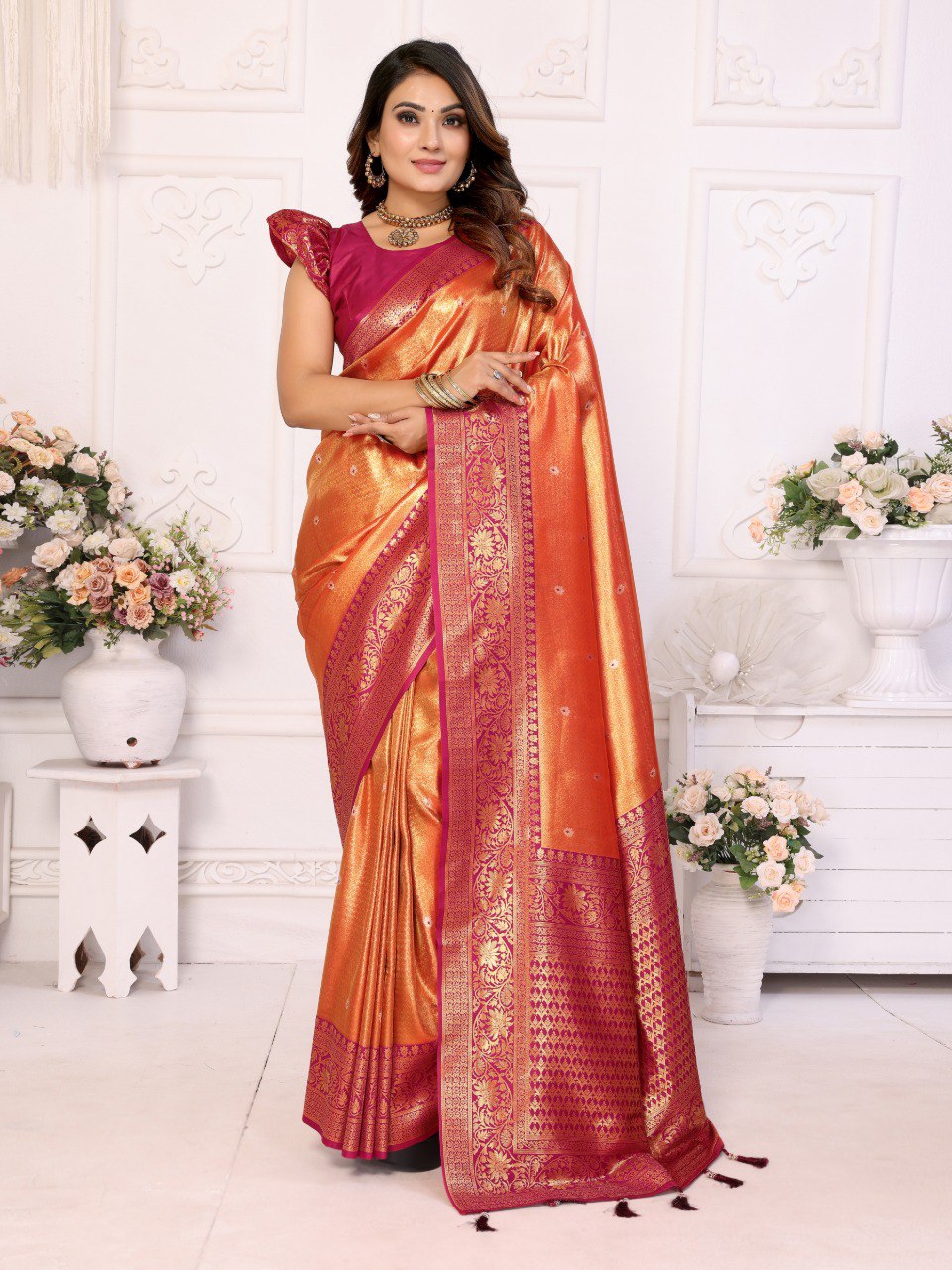 Anaita Orange Tissue Silk With Butti Weaving Saree With Blouse | Grocsy