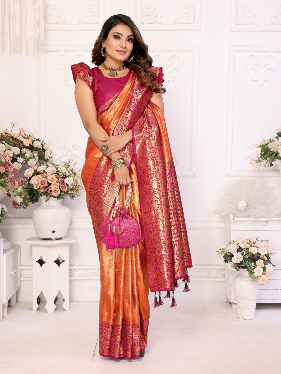 Anaita Orange Tissue Silk With Butti Weaving Saree With Blouse | Grocsy