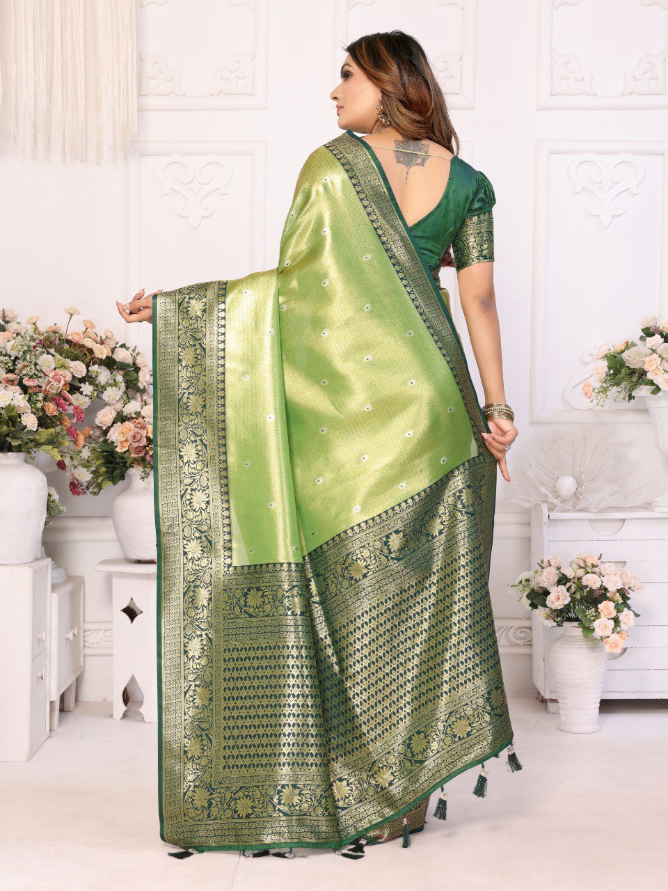 Anaita Light Green Tissue Silk With Butti Weaving Saree With Blouse | Grocsy