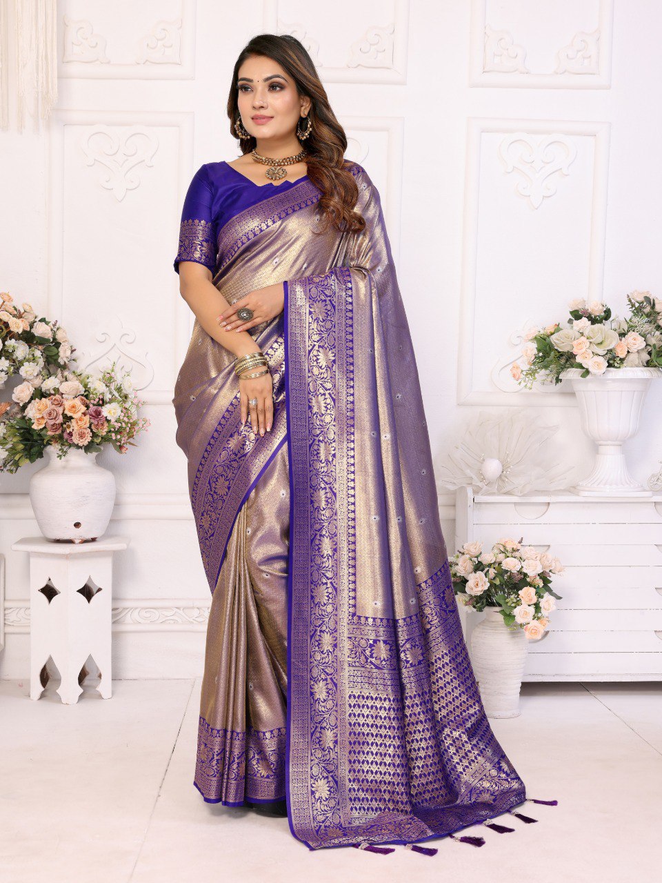 Anaita Lavender Tissue Silk With Butti Weaving Saree With Blouse | Grocsy