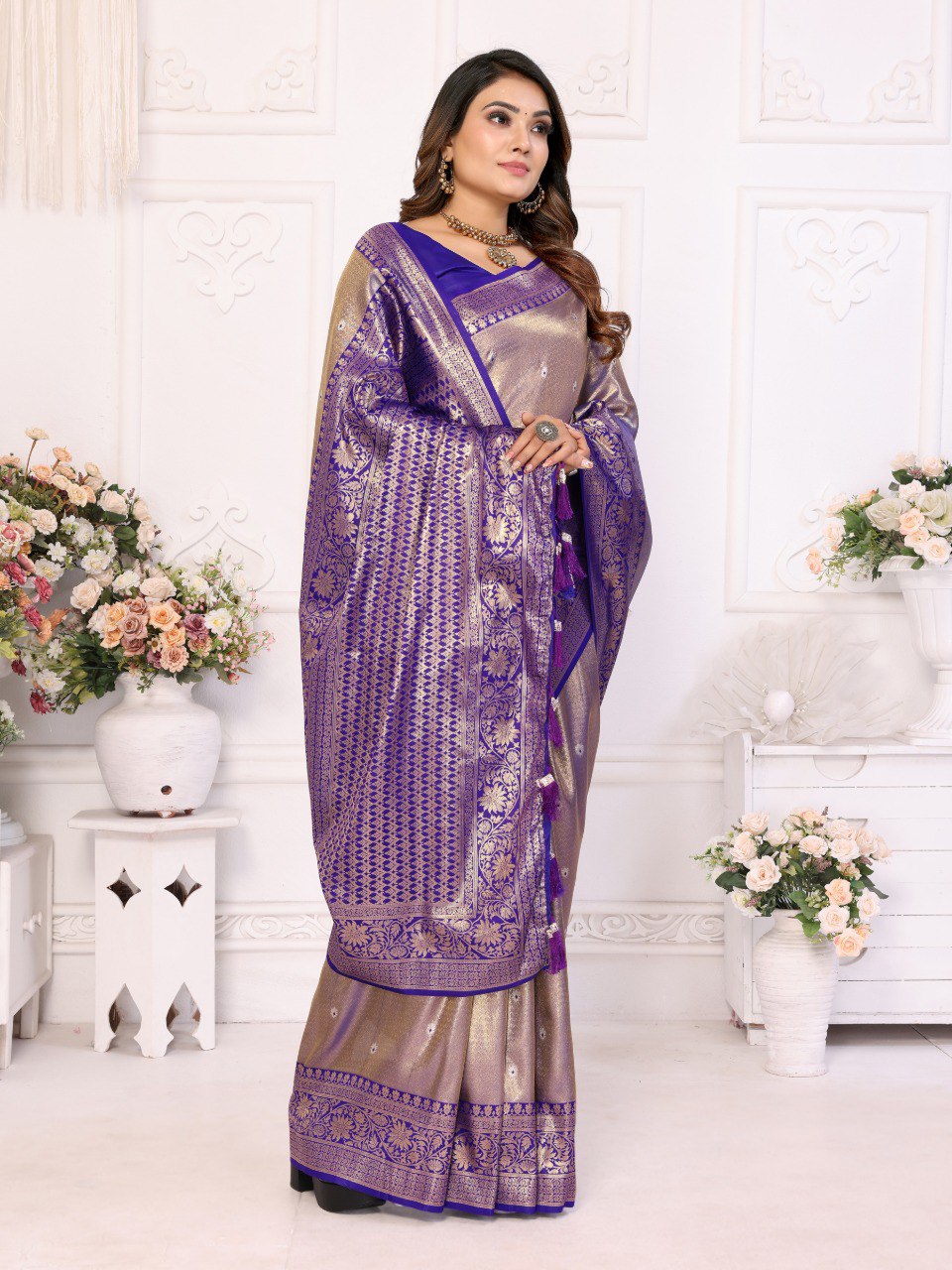 Anaita Lavender Tissue Silk With Butti Weaving Saree With Blouse | Grocsy