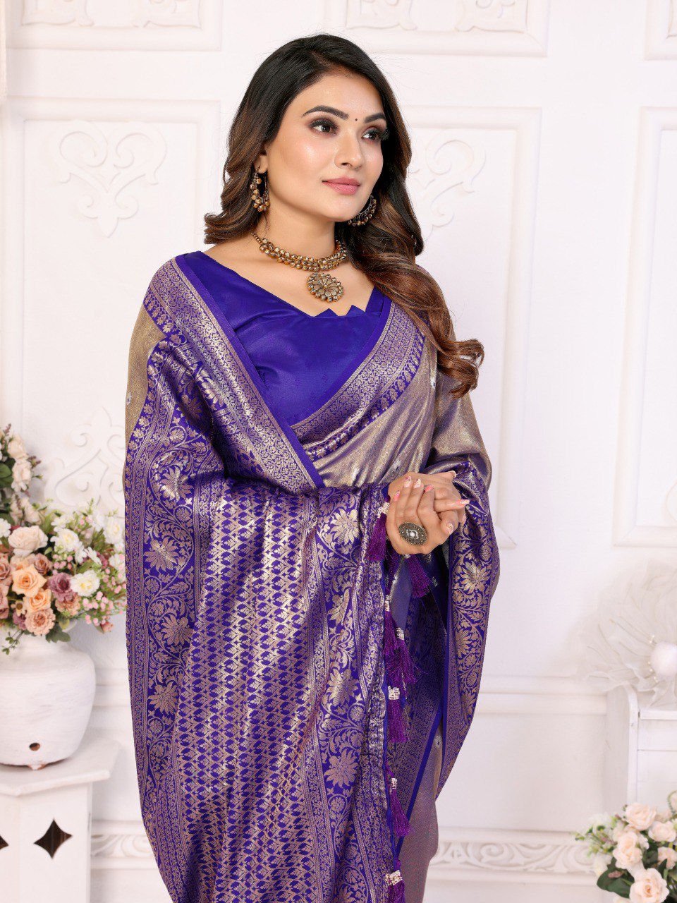 Anaita Lavender Tissue Silk With Butti Weaving Saree With Blouse | Grocsy