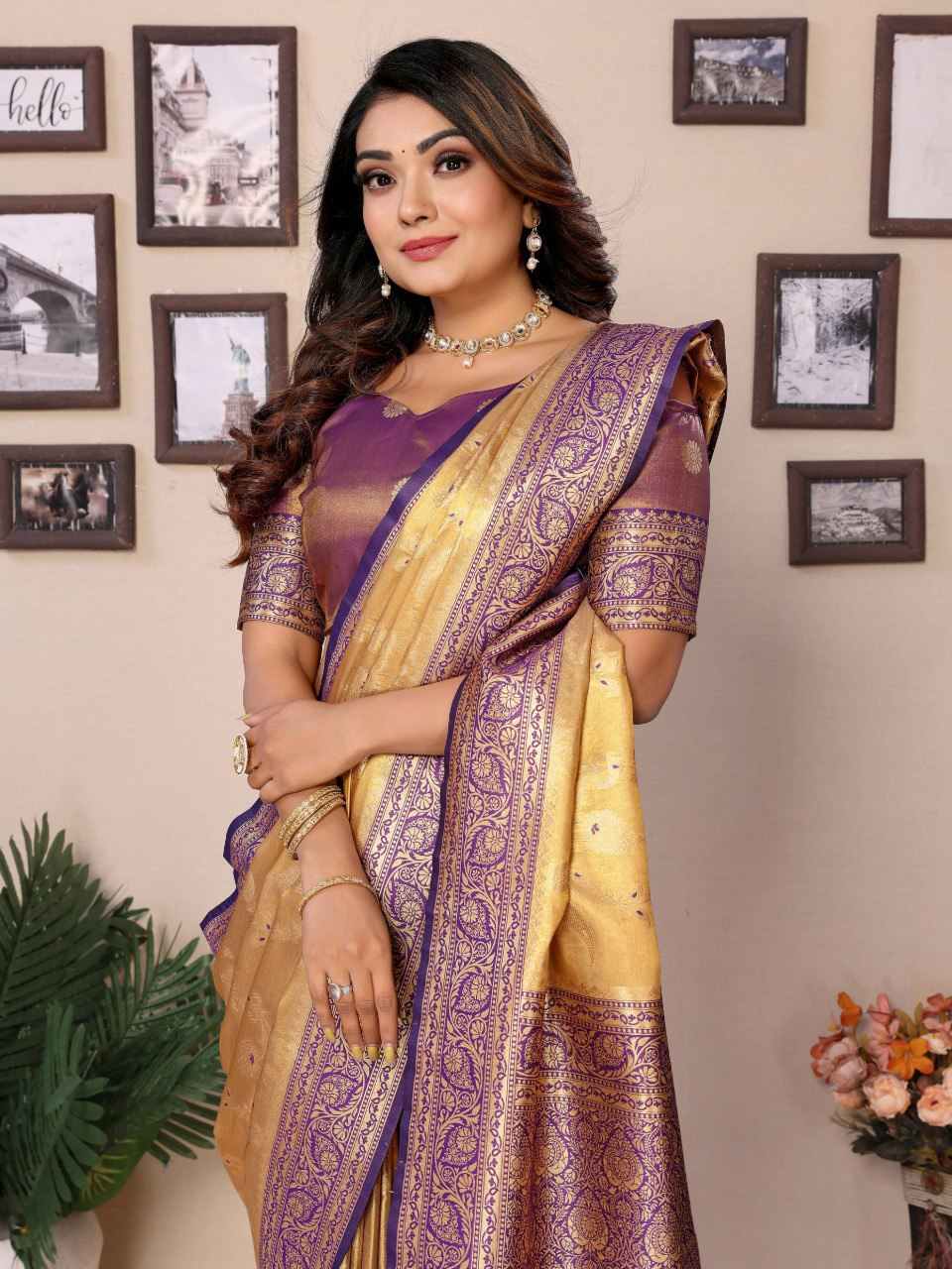 Anaita Cream Tissue Silk With Jaal Weaving Saree With Blouse | Grocsy