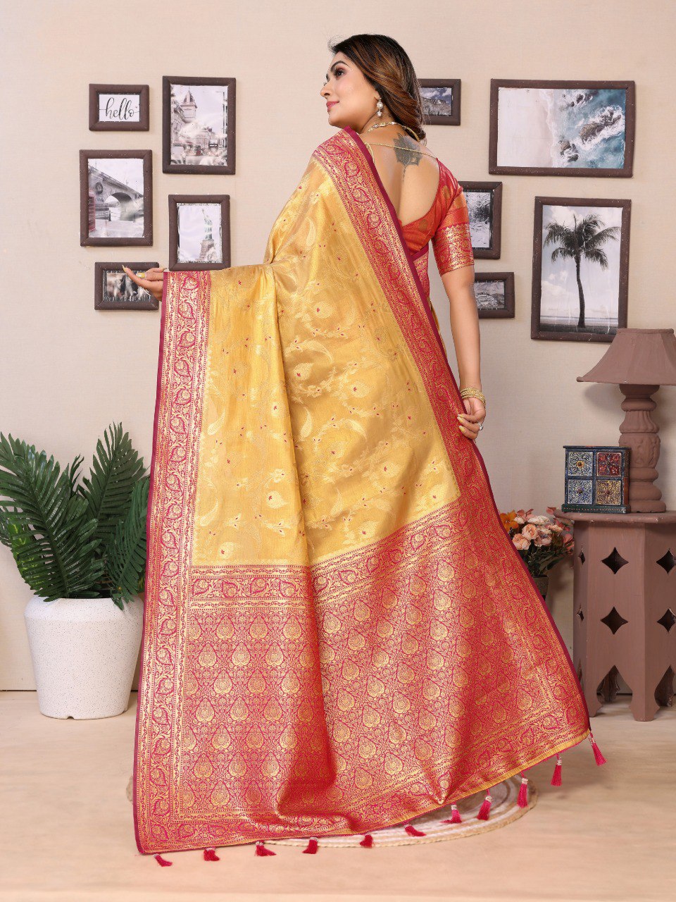 Anaita Golden Tissue Silk With Jaal Weaving Saree With Blouse | Grocsy