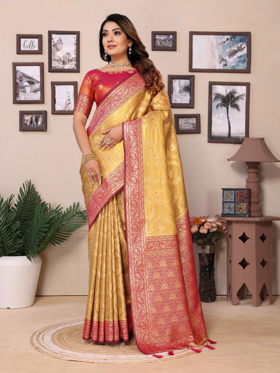 Anaita Golden Tissue Silk With Jaal Weaving Saree With Blouse | Grocsy