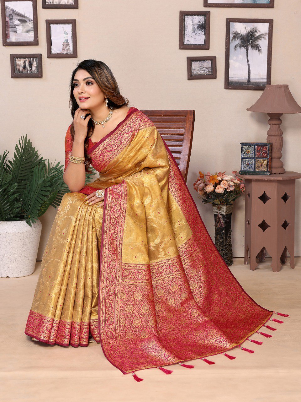 Anaita Golden Tissue Silk With Jaal Weaving Saree With Blouse | Grocsy
