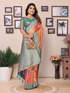Anaita Orange Tissue Silk With Jaal Weaving Saree With Blouse | Grocsy