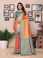 Anaita Orange Tissue Silk With Jaal Weaving Saree With Blouse | Grocsy