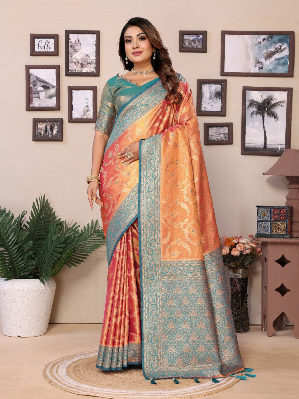 Anaita Orange Tissue Silk With Jaal Weaving Saree With Blouse | Grocsy