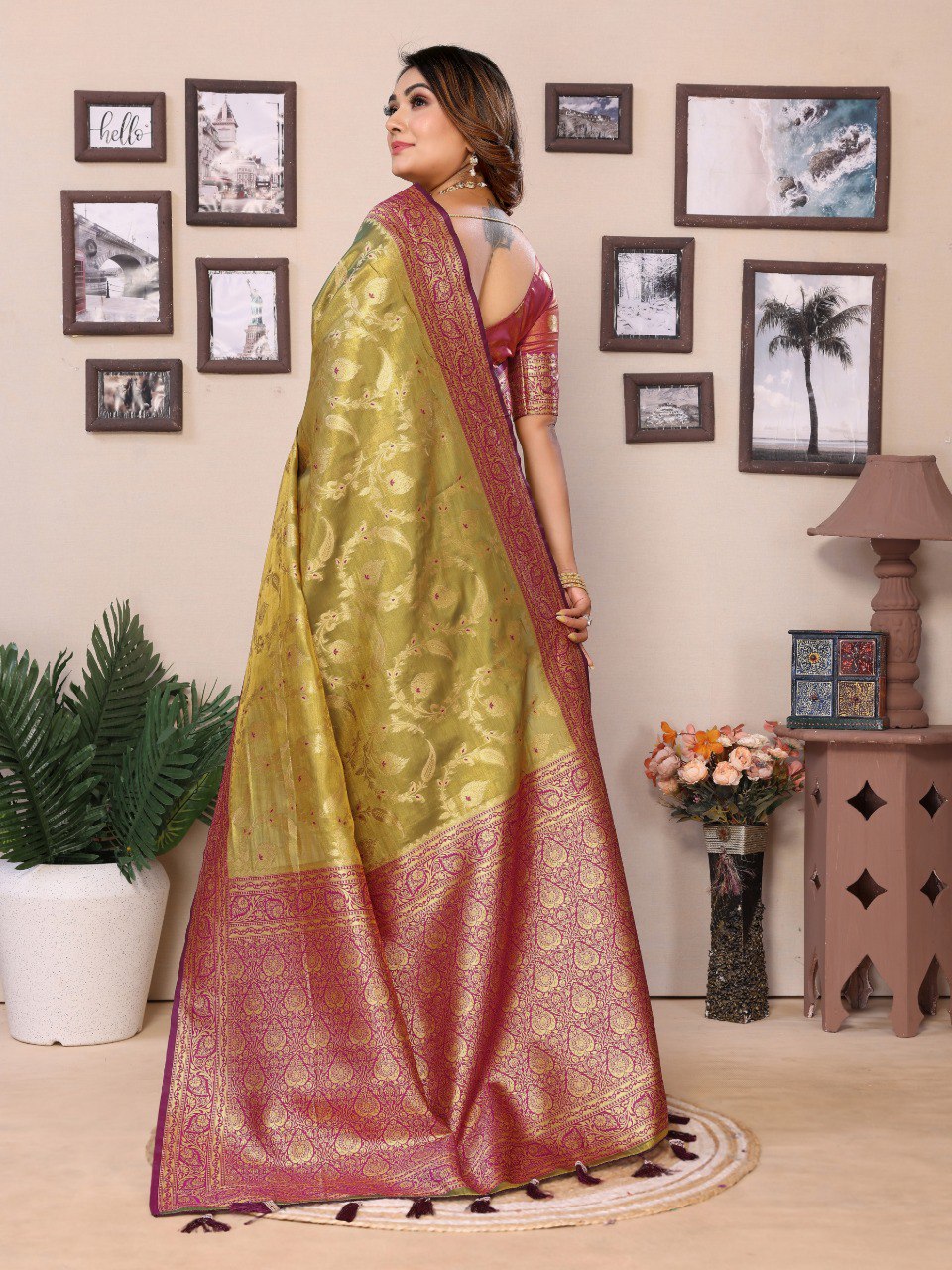 Anaita Green Tissue Silk With Jaal Weaving Saree With Blouse | Grocsy