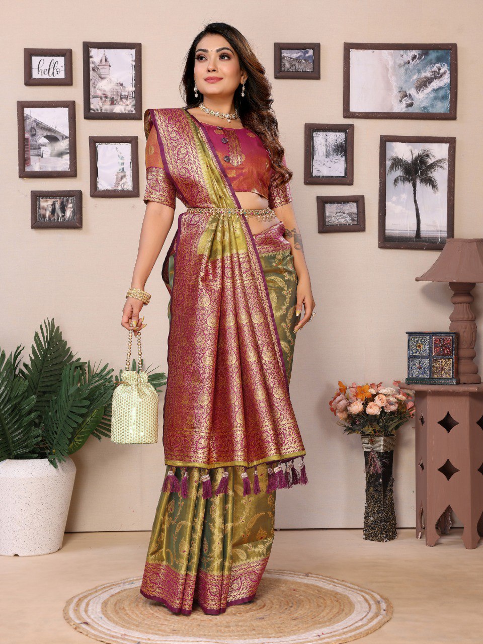 Anaita Green Tissue Silk With Jaal Weaving Saree With Blouse | Grocsy