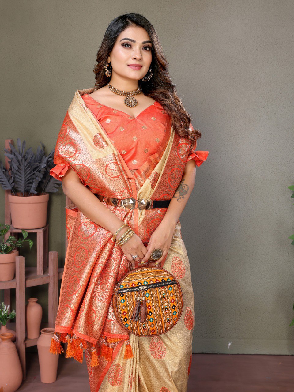 Anaita Orange Viscose Silk With Butties Weaving Saree With Blouse | Grocsy