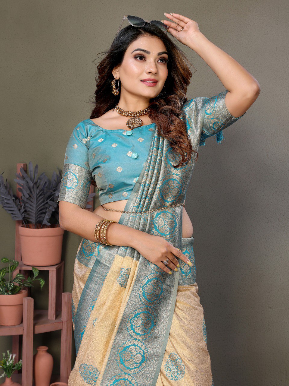 Anaita Light Blue Viscose Silk With Butties Weaving Saree With Blouse | Grocsy