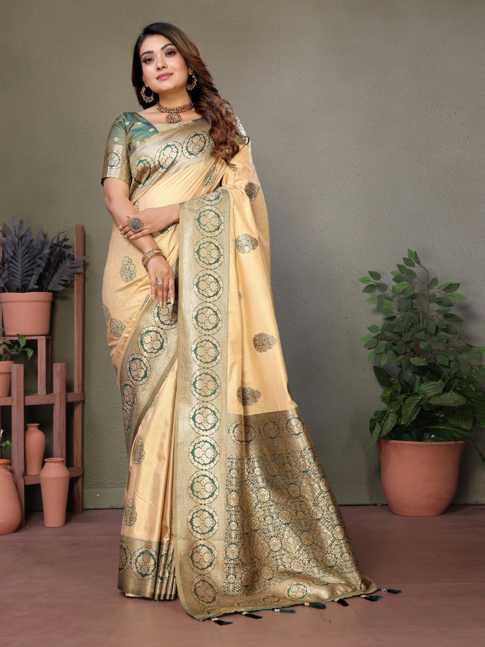 Anaita Dark Green Viscose Silk With Butties Weaving Saree With Blouse | Grocsy