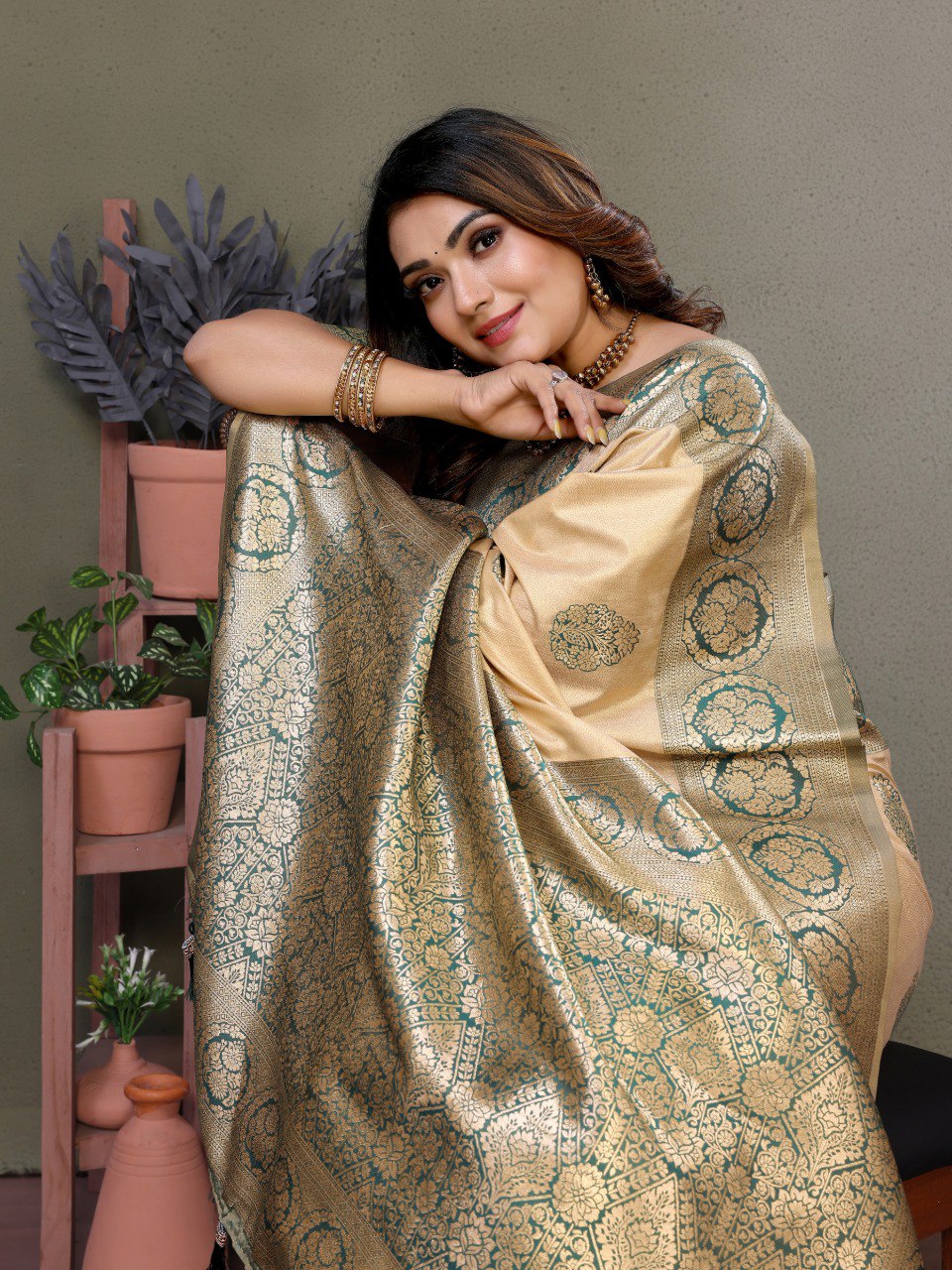 Anaita Dark Green Viscose Silk With Butties Weaving Saree With Blouse | Grocsy