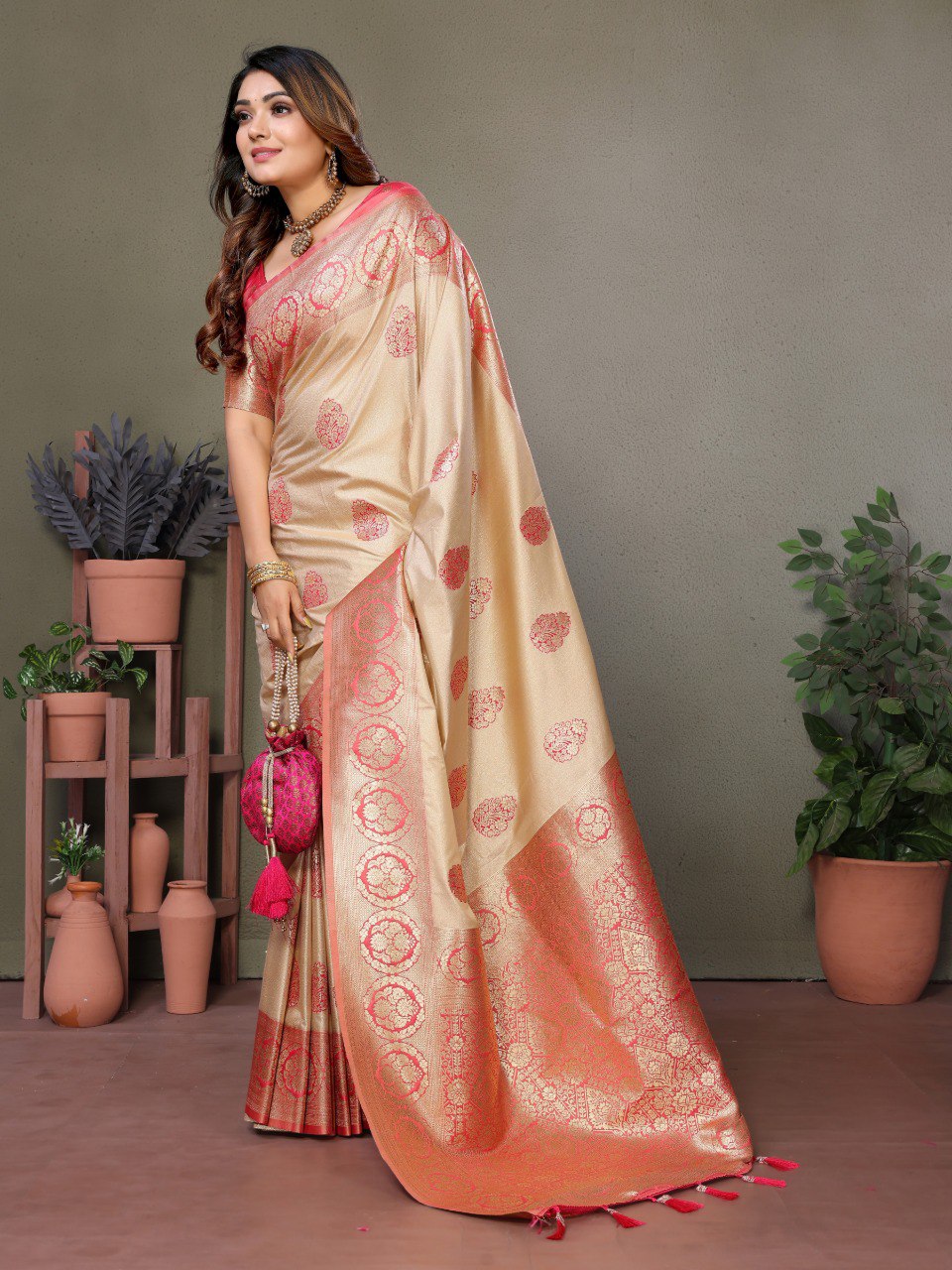 Anaita Baby Pink Viscose Silk With Butties Weaving Saree With Blouse | Grocsy