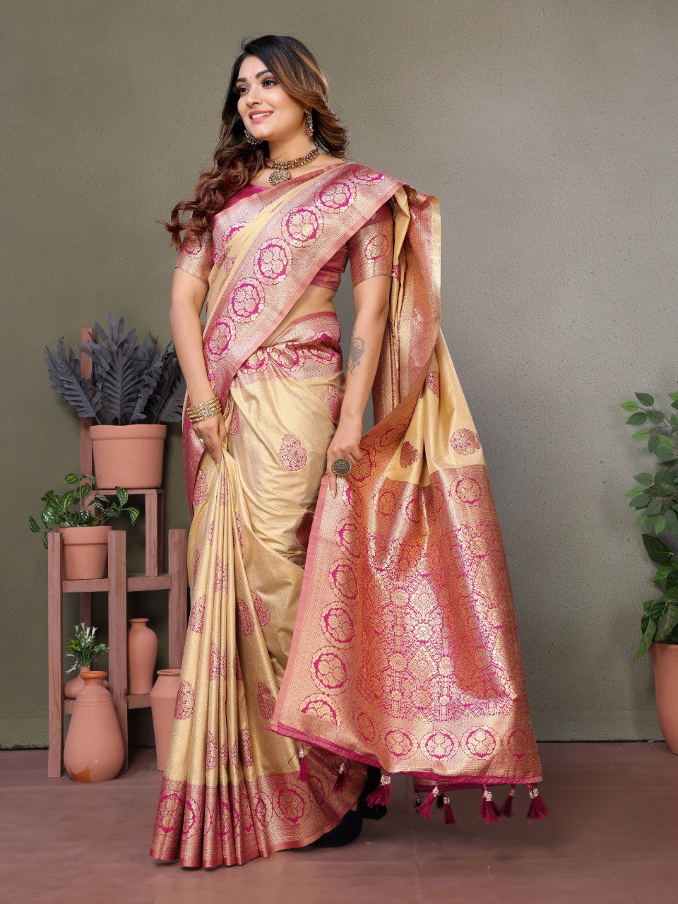 Anaita Rani Pink Viscose Silk With Butties Weaving Saree With Blouse | Grocsy