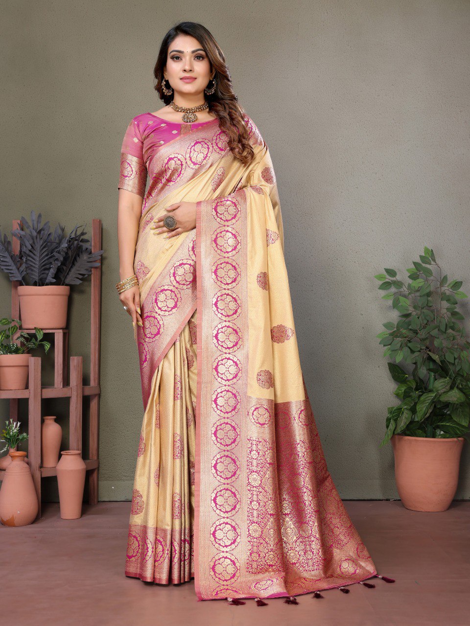 Anaita Rani Pink Viscose Silk With Butties Weaving Saree With Blouse | Grocsy