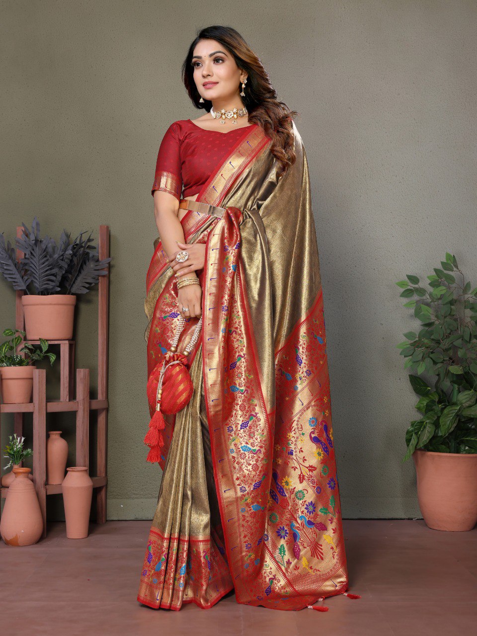 Anaita Mehendi Tissue Silk With Paithani Woven Saree With Blouse | Grocsy