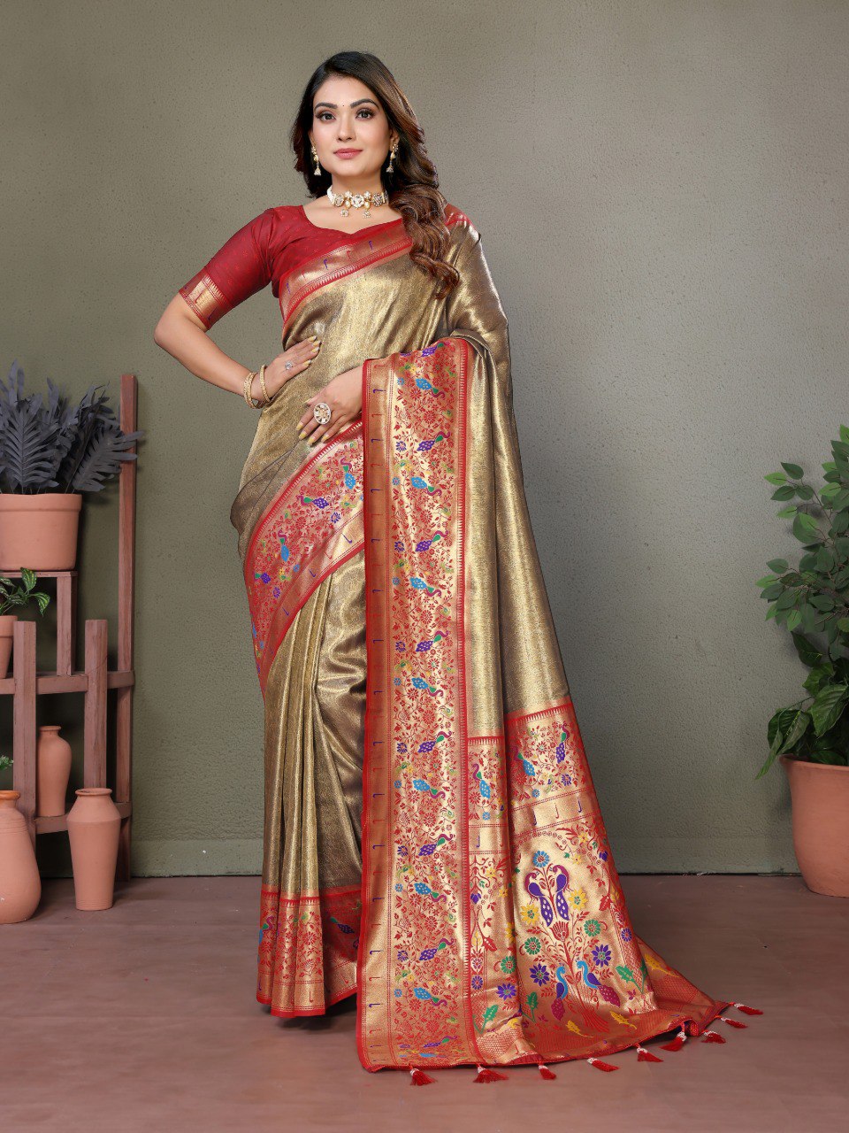Anaita Mehendi Tissue Silk With Paithani Woven Saree With Blouse | Grocsy