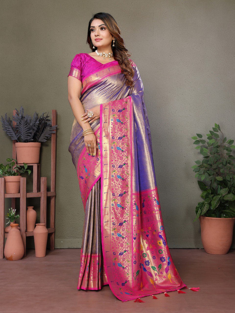 Anaita Lavender Tissue Silk With Paithani Woven Saree With Blouse | Grocsy