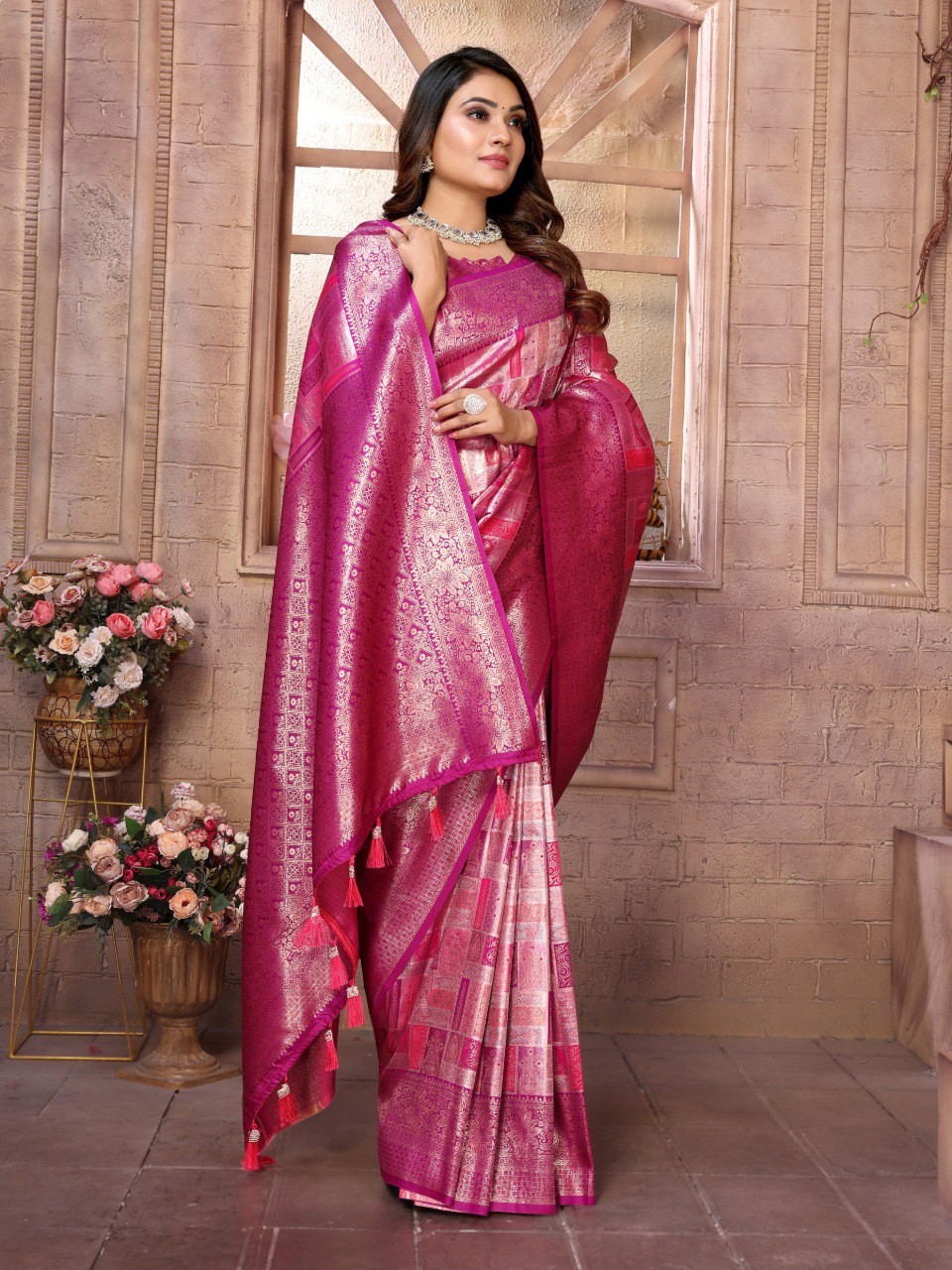 Anaita Rani Pink Banarasi Chaturi Silk With Zari Weaving Saree With Blouse | Grocsy