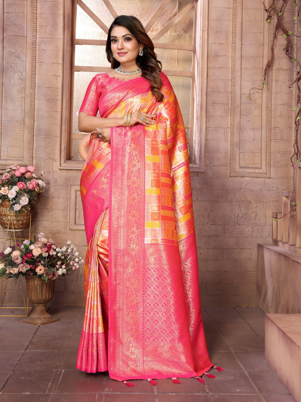 Anaita Orange Banarasi Chaturi Silk With Zari Weaving Saree With Blouse | Grocsy