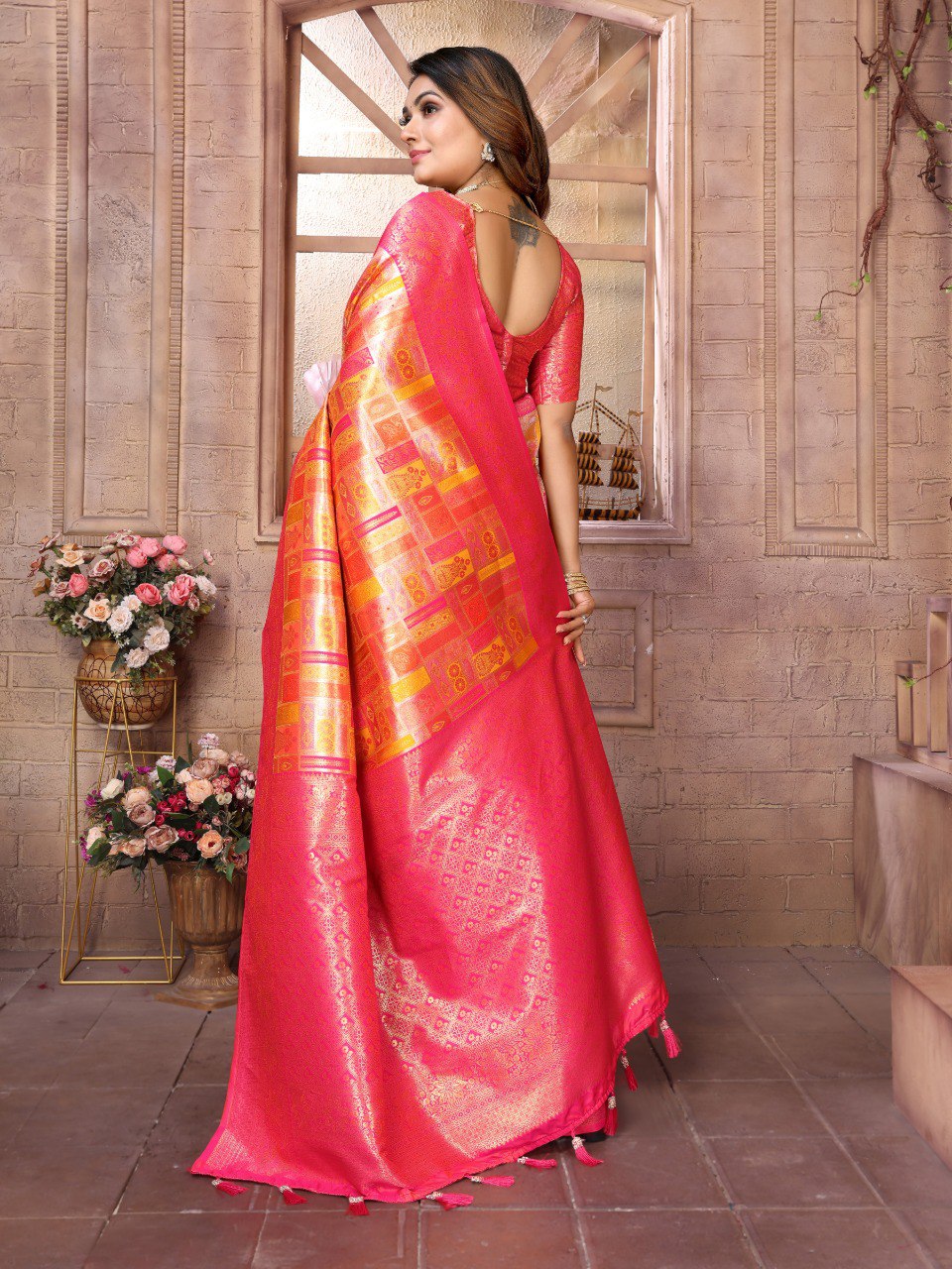 Anaita Orange Banarasi Chaturi Silk With Zari Weaving Saree With Blouse | Grocsy
