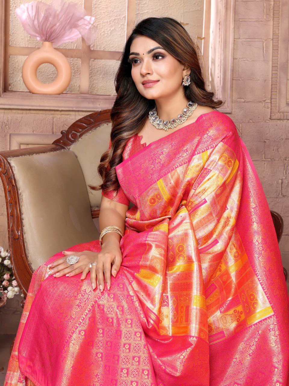 Anaita Orange Banarasi Chaturi Silk With Zari Weaving Saree With Blouse | Grocsy