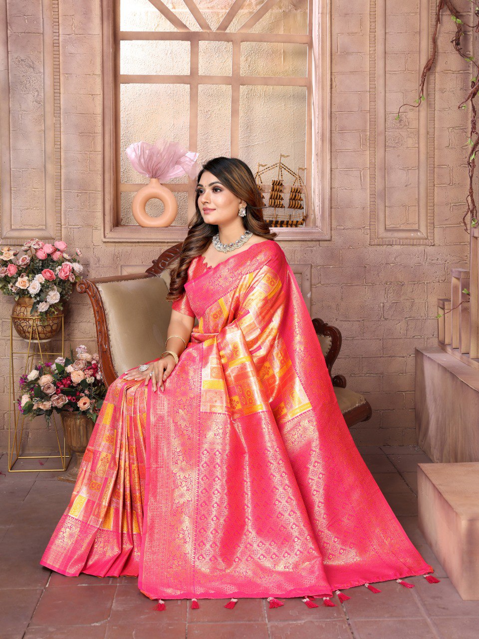 Anaita Orange Banarasi Chaturi Silk With Zari Weaving Saree With Blouse | Grocsy