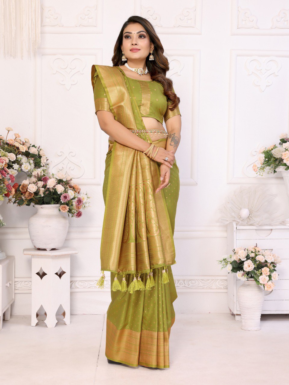 Anaita Green Silk With Zari Weaving Saree With Blouse | Grocsy