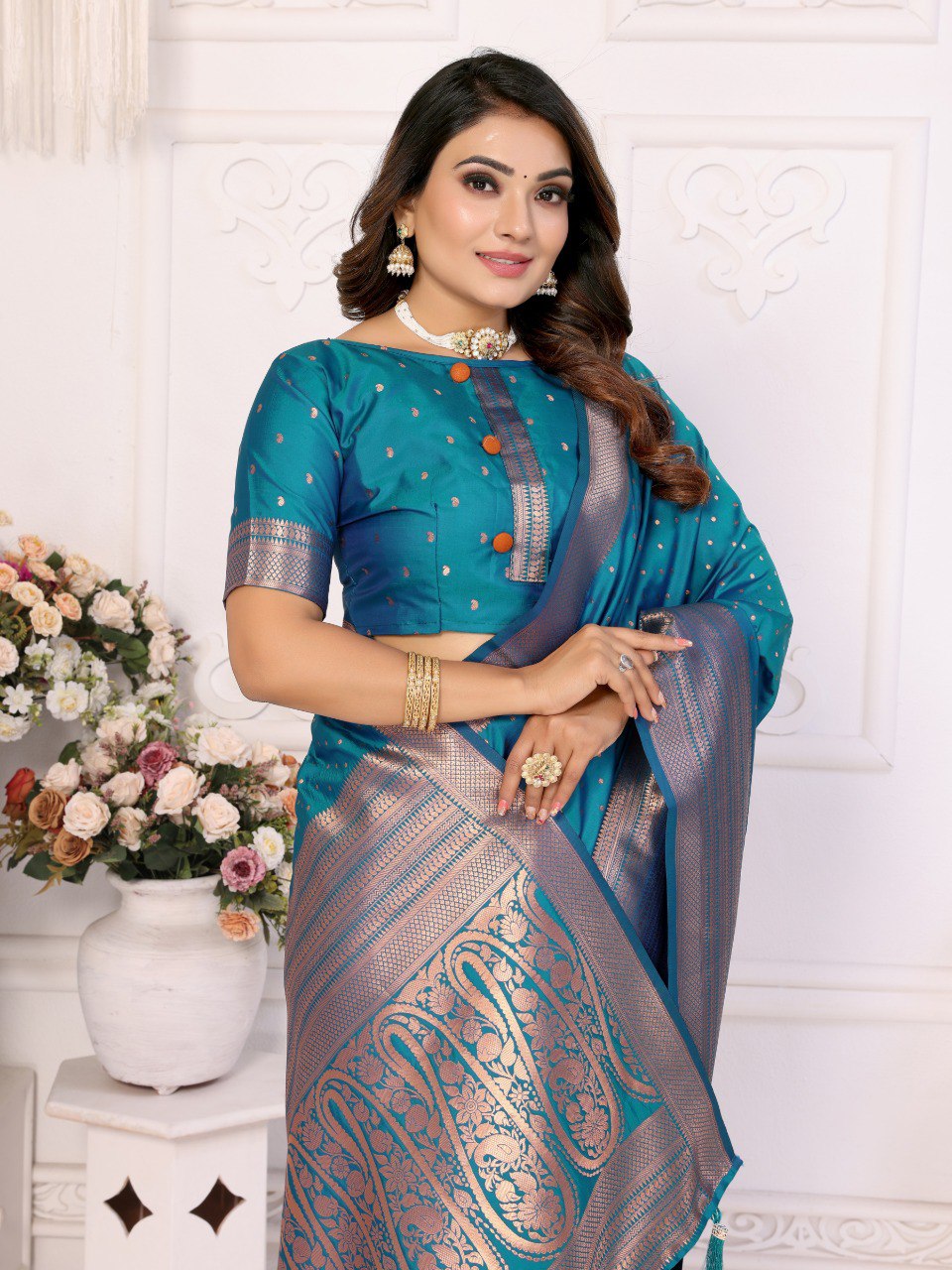 Anaita Blue Silk With Zari Weaving Saree With Blouse | Grocsy