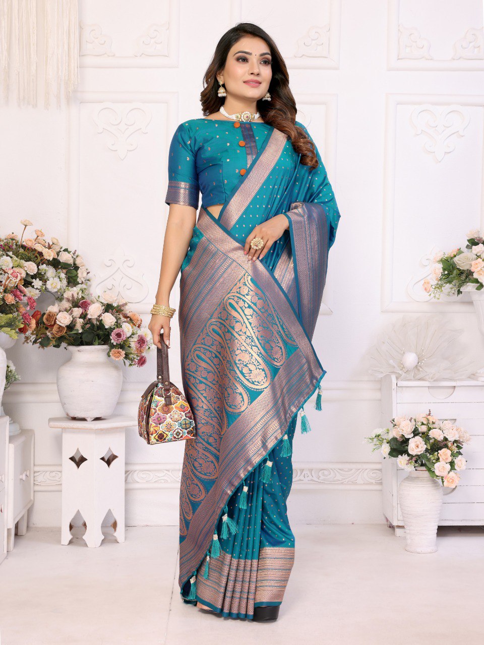 Anaita Blue Silk With Zari Weaving Saree With Blouse | Grocsy