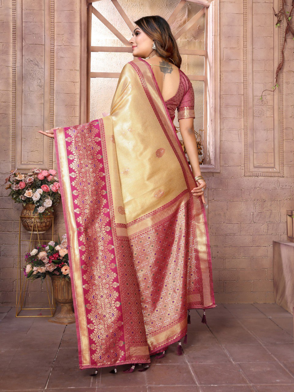 Anaita Cream Tissue Silk With Weaving Saree With Blouse | Grocsy