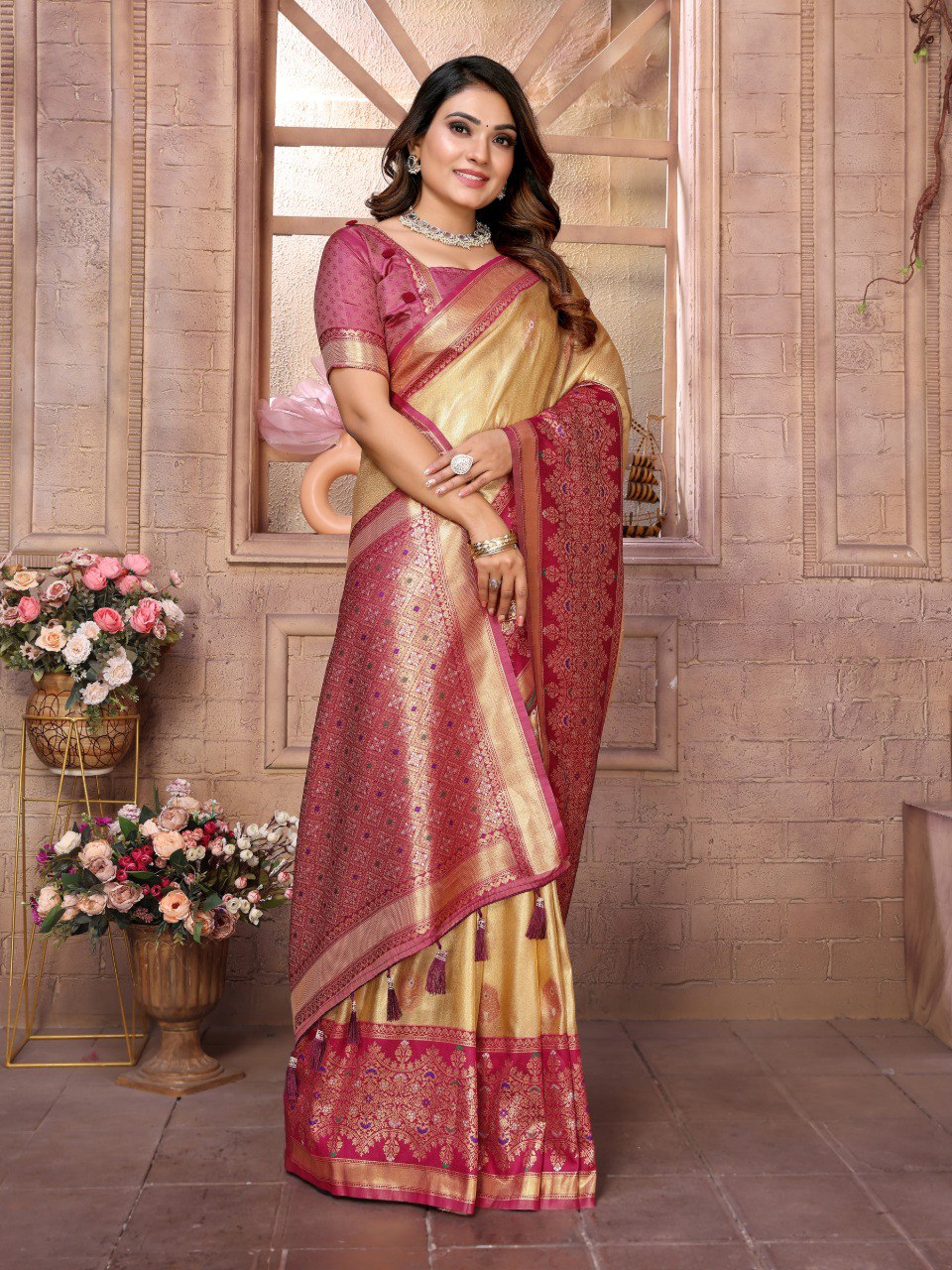 Anaita Cream Tissue Silk With Weaving Saree With Blouse | Grocsy
