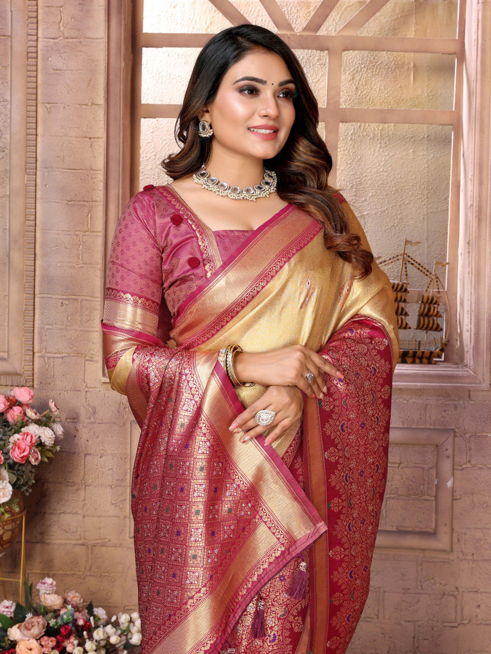 Anaita Cream Tissue Silk With Weaving Saree With Blouse | Grocsy