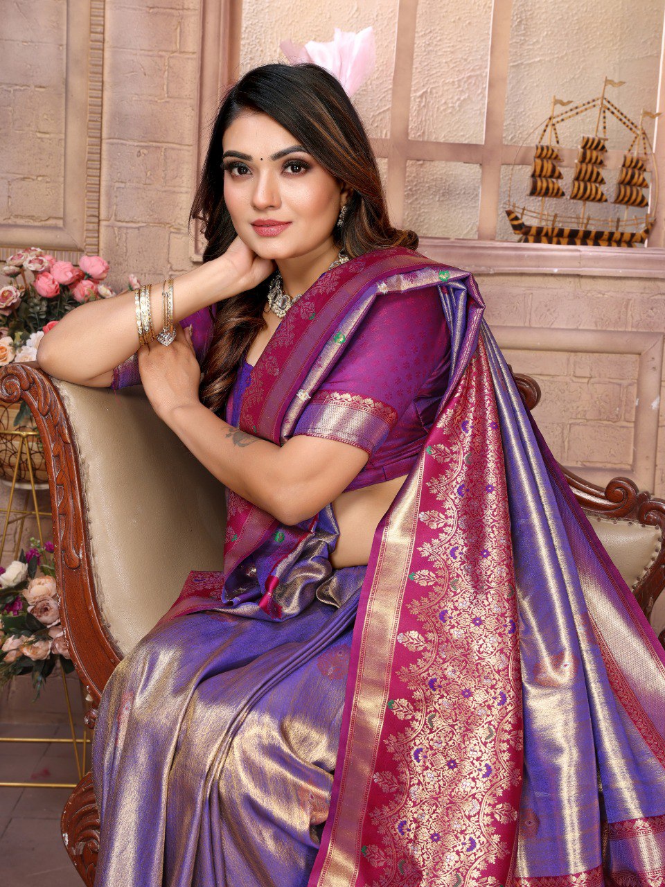 Anaita Lavender Tissue Silk With Weaving Saree With Blouse | Grocsy