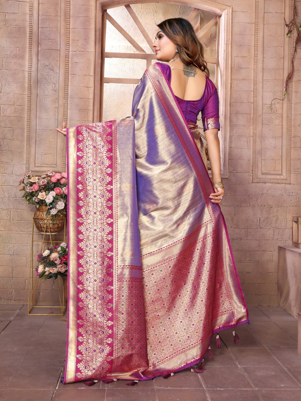 Anaita Lavender Tissue Silk With Weaving Saree With Blouse | Grocsy