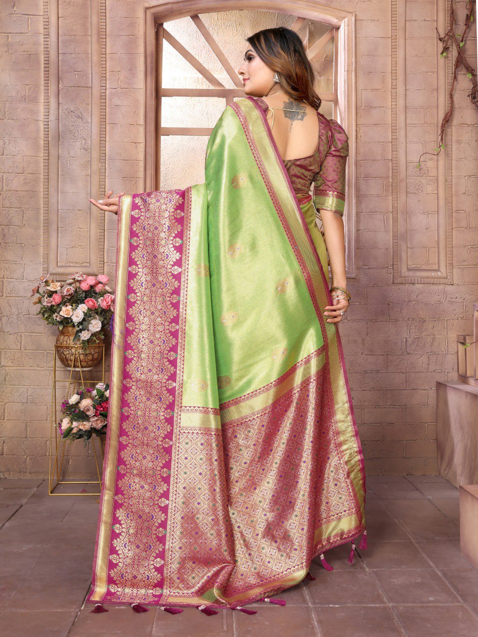 Anaita Light Green Tissue Silk With Weaving Saree With Blouse | Grocsy