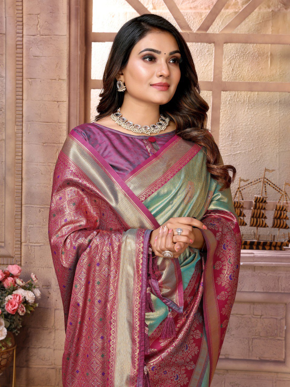 Anaita Sea Green Tissue Silk With Weaving Saree With Blouse | Grocsy