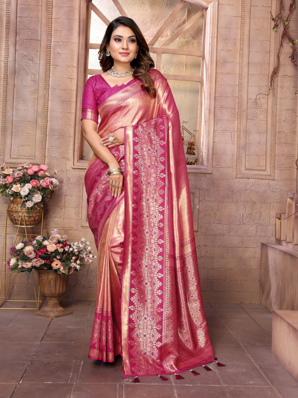 Anaita Peach Tissue Silk With Weaving Saree With Blouse | Grocsy