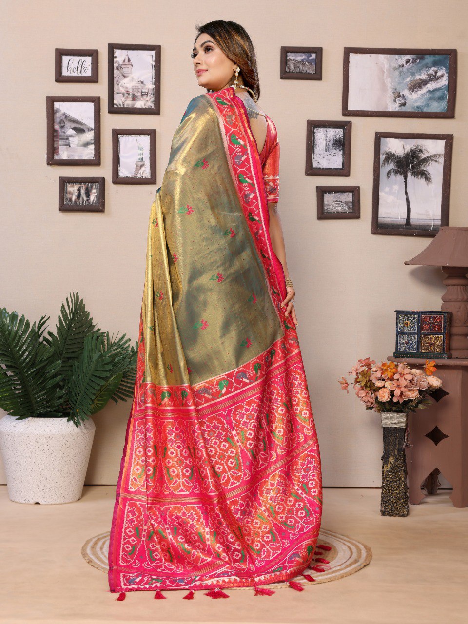 Anaita Mehendi Tissue Silk With Weaving Saree With Blouse | Grocsy