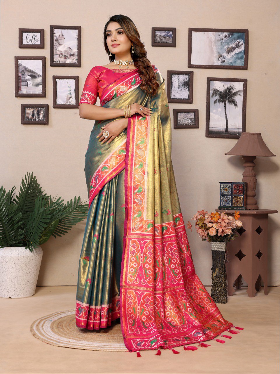 Anaita Mehendi Tissue Silk With Weaving Saree With Blouse | Grocsy