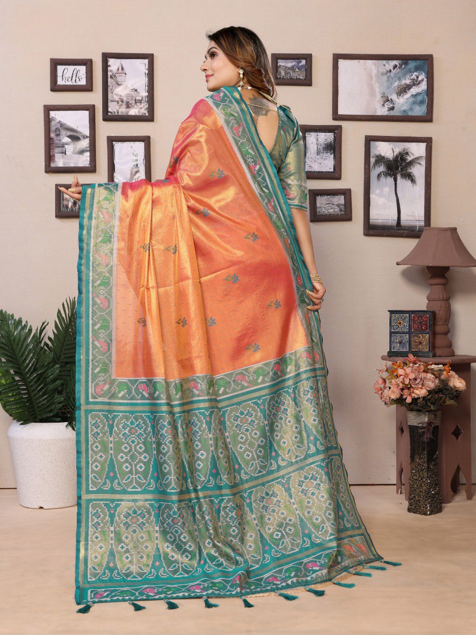 Anaita Orange Tissue Silk With Weaving Saree With Blouse | Grocsy