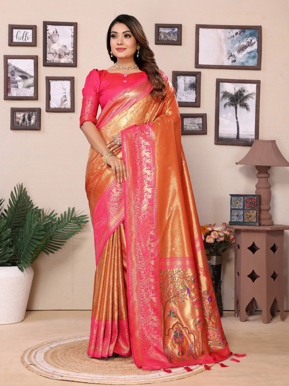Anaita Orange Tissue Silk With Weaving Saree With Blouse | Grocsy