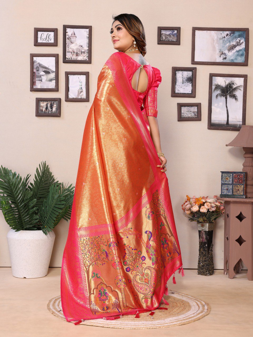 Anaita Orange Tissue Silk With Weaving Saree With Blouse | Grocsy
