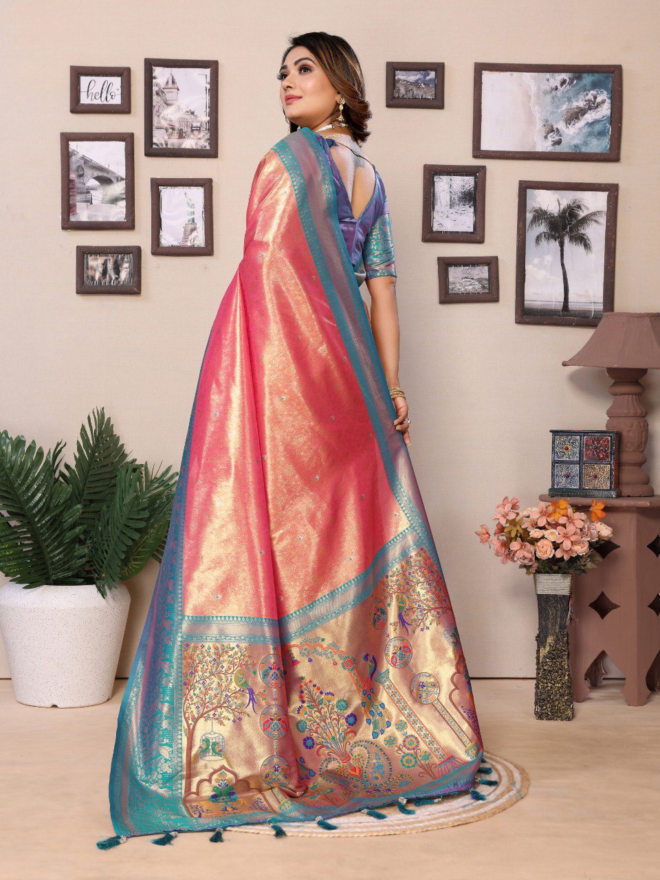 Anaita Light Red Tissue Silk With Weaving Saree With Blouse | Grocsy