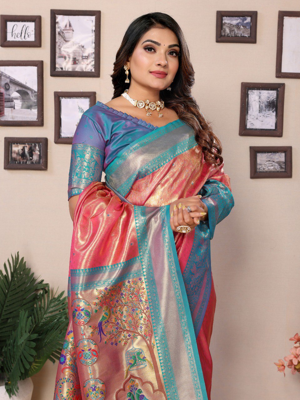 Anaita Light Red Tissue Silk With Weaving Saree With Blouse | Grocsy