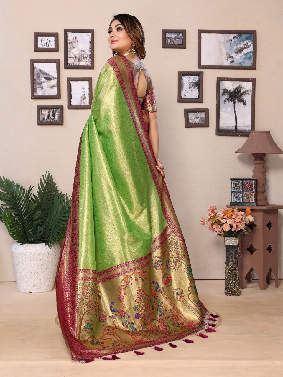 Anaita Light Green Tissue Silk With Weaving Saree With Blouse | Grocsy