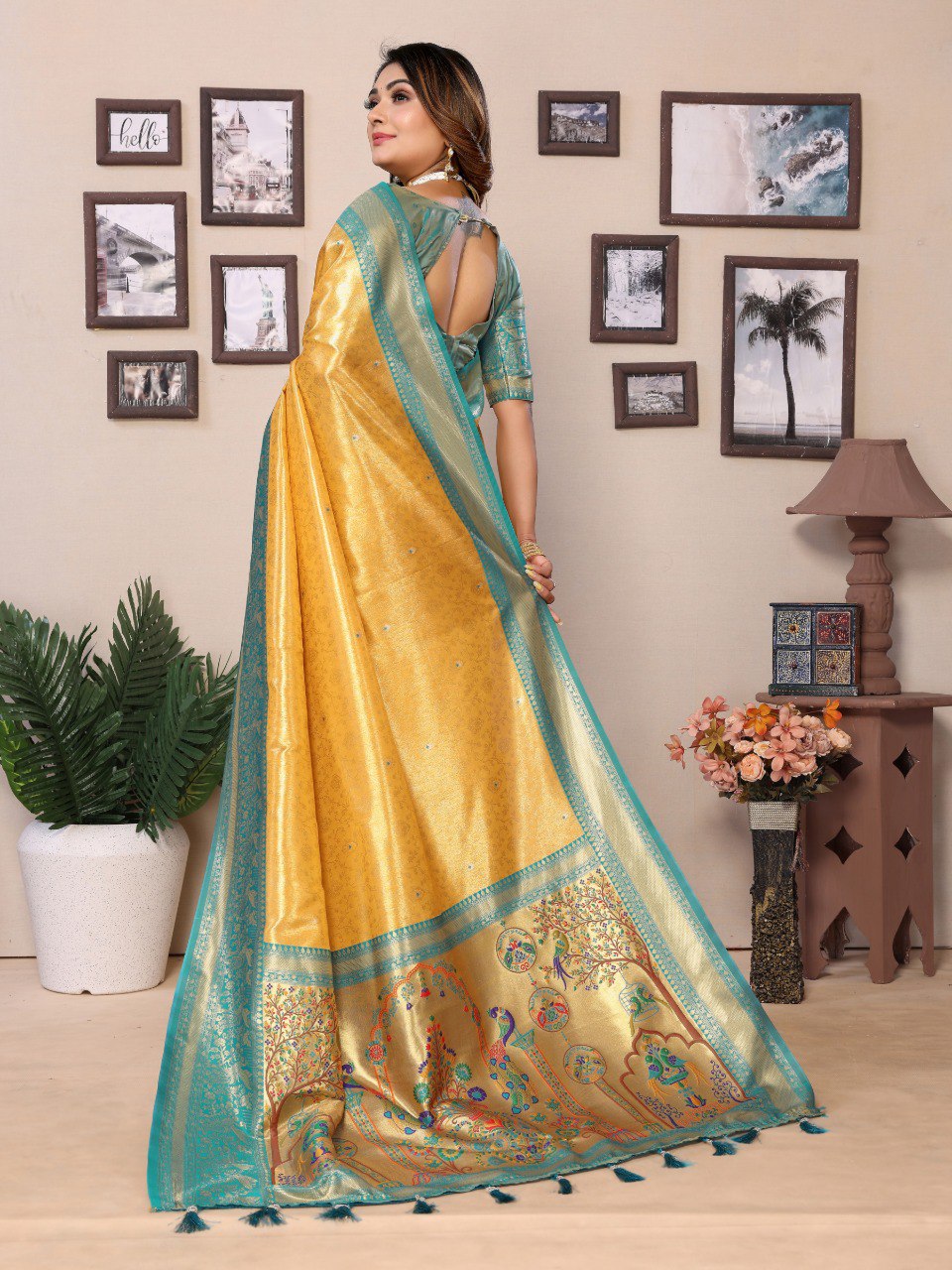 Anaita Dark Golden Tissue Silk With Weaving Saree With Blouse | Grocsy
